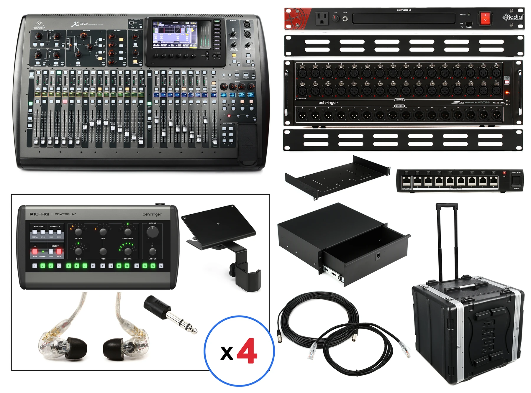 Behringer X32 数字调音台套装，含舞台接口箱和个人监听设备