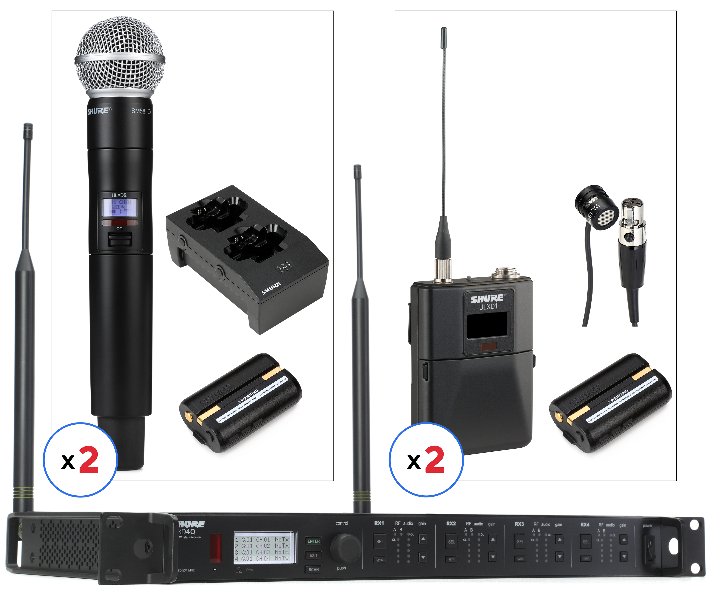 Shure/舒尔 ULXD4Q 四通道无线系统配备2支SM58手持发射机与2个心形领夹发射机