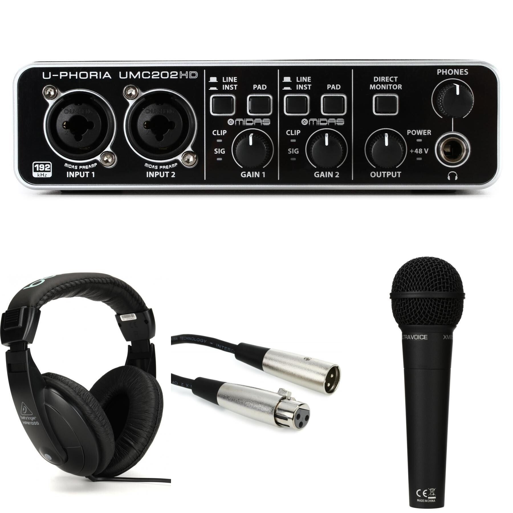 Behringer U-Phoria UMC202HD USB 音频接口，带动圈人声麦克风和耳机套装